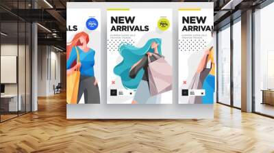 Urban shopping girls banner or poster set. Fashion girls with shopping bags. Vector Wall mural