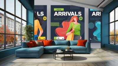 Urban shopping girls banners set. Fashion girls with shopping bags. Vector Wall mural