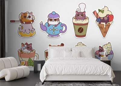 Vector Cat stickers. Illustrations of drinks With cute cats. Hot Drinks and ice cream Wall mural