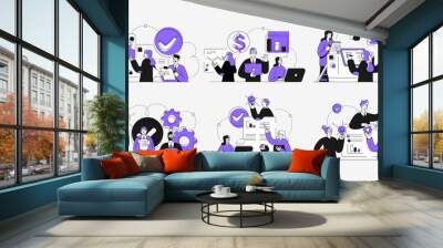 Workflow management business concept illustrations. Collection of scenes at office with men and women taking part in business activity. Outline vector illustration. Wall mural