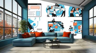 Workflow management business concept illustrations. Collection of scenes at office with men and women taking part in business activity. Outline vector style. Wall mural