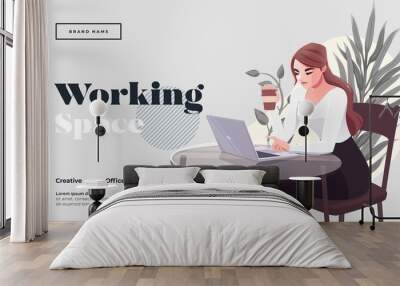 Working space Landing page template. Young female freelancer is sitting in modern hipster cafe at the table with take away coffee, mobile phone. Vector illustration Wall mural