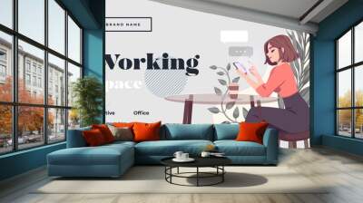 Young woman sitting at the table with laptopn and talking and working with her male friends in the open space office. Gradient line vector illustration of creative people working together Wall mural