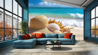 Beach hat with starfish and seashells on seashore with blue water sea wave. Wall mural