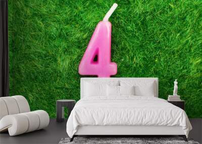 candle in the form of number 4 on the green grass background, a place for a greeting text Wall mural