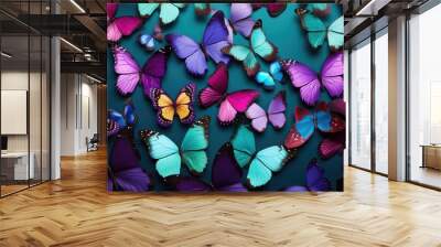 Colorful butterflies on blue background. Top view. spring pattern nature background. Wall mural