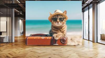 Funny cat tourist in sunglasses standing with suitcase going on summer holiday trip Wall mural