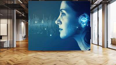 Human ear with sound waves simulation technology. Hearing test, hearing aids, ear disorders Wall mural