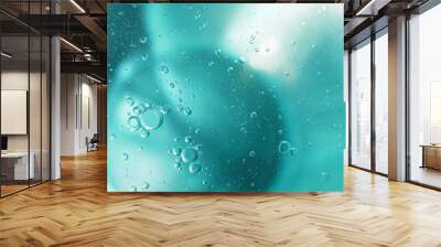 Oil bubbles close up. circles of water macro. abstract light blue background Wall mural