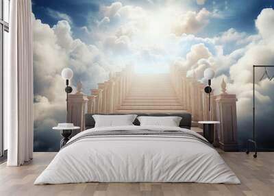 Stairway to heaven through white clouds in blue sky background. Wall mural