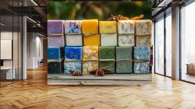 A stack of handmade soaps with fall fragrances like cinnamon and clove Wall mural