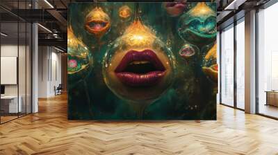 A surreal scene of floating lips in bold colors, each blowing bubbles that contain tiny, abstract worlds inside, representing the concept of love and communication Wall mural