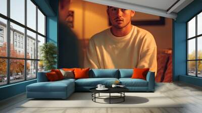 A young man talking to a therapist in a comfortable, modern counseling room with warm lighting Wall mural