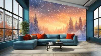 A banner with a snowy landscape, frosted pine trees, and twinkling stars, creates a magical winter feel Wall mural