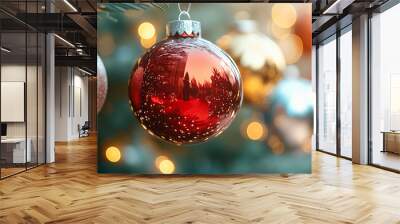 A close-up of sparkling red, gold, and silver Christmas ornaments reflecting twinkling lights, with a blurred green background Wall mural