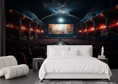 movie theatre with white screen and empty seats, dark room Wall mural