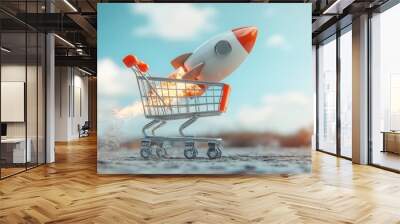 Rocket Taking Off from Shopping Cart Concept Art Wall mural