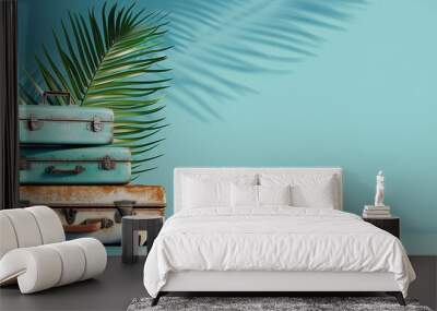 stacked luggage with palm leaf on turquoise blue background 3d rendering, 3d illustration, generativ Wall mural