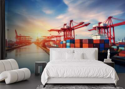 Aerial side view of cargo ship carrying container and running for export goods from cargo yard port to custom ocean concept technology transportation , customs clearance Wall mural