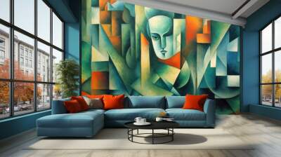 Abstract painting in the style of cubism, female portrait. A young woman in vibrant colors on a square canvas. Wall mural