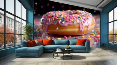 Frosted sprinkled donuts. Set of multicolored doughnuts with sprinkles isolate on color background Wall mural