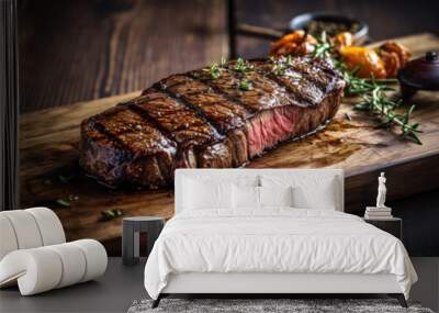 Juicy medium Beef Rib Eye steak slices in pan on wooden board with fork and knife herbs spices and salt. Wall mural