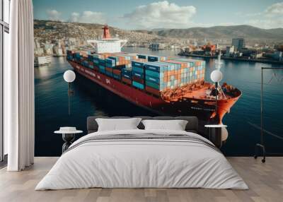 Logistics and Transportation Hub: A bustling international port with ships, containers, and advanced technology, representing the global movement of goods and the intricate logistics. Wall mural