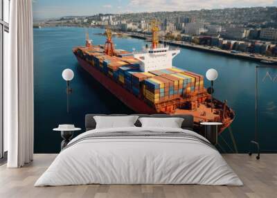 Logistics and Transportation Hub: A bustling international port with ships, containers, and advanced technology, representing the global movement of goods and the intricate logistics. Wall mural