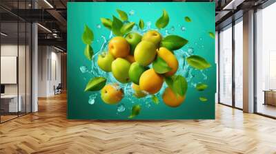 Mangoes fruit falling into the water with splashing Wall mural