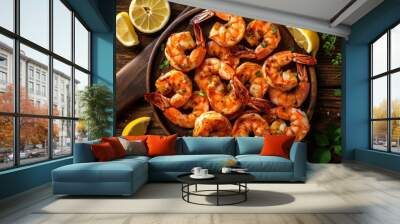 shrimp grilled delicious seasoning spices on wooden cutting board background appetizing cooked shrimps baked prawns , Seafood shelfish with rosemary lemon and lettuce Wall mural