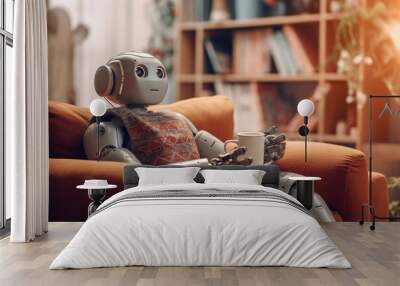 chatgpt ai robot sitting on the sofa like a normal human being Wall mural