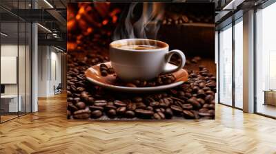 Coffee cup close-up over dark roasted coffee beans Wall mural