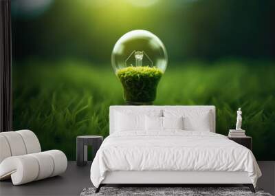 Eco friendly lightbulb with plants green background, Renewable and sustainable energy. Wall mural