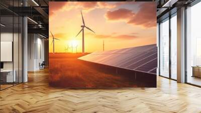 Modern Wind turbines and solar panels sunset light. Concept eco green renewable energy.  Wall mural