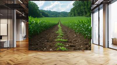 panoramic view of green field in the light of the evening sun Wall mural