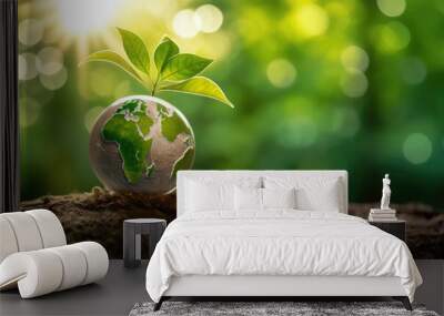 Plant in Hands. Ecology concept. Nature Background Wall mural