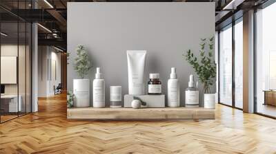 podium mockup with cosmetics. Vector beauty product bottles on pedestal and palm leaves shadow on the wall.  Wall mural