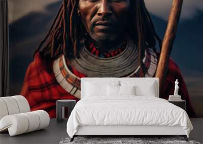 Portrait of a Maasai man with traditional jewelry and warrior shield in the backdrop of Mount Kilimanjaro Wall mural