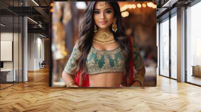 Portrait of beautiful indian girl. Young hindu woman model with golden kundan jewelry set . Traditional Indian costume lehenga choli  Wall mural