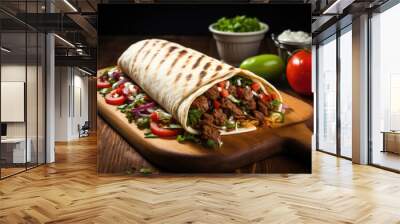 Shawarma sandwich gyro fresh roll of lavash pita bread chicken beef shawarma falafel RecipeTin Eatsfilled with grilled meat, mushrooms, cheese. Traditional Middle Eastern snack.  Wall mural