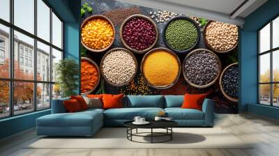 Top view of veriety natural organic cereal and grain seed for healthy food ingredient or agricultural product concept Wall mural