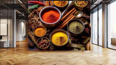 Various aromatic colorful spices and herbs. Ingredients for cooking..Ayurveda treatments. Wall mural