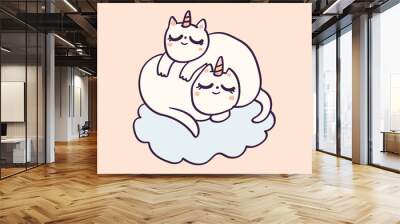 Cute cartoon character cat unicorns sleeping on cloud , funny vector illustration isolated on white. Wall mural