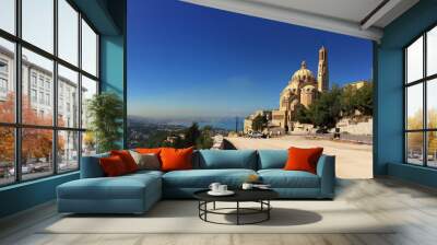 Saint paul cathedral in front of gorgious view on lebanese shore and beirut city from a distance Wall mural