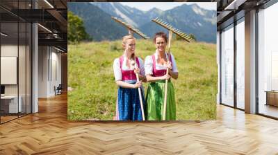 zwei bäuerinnen im dirndl mit rechen auf einer almwiese Wall mural