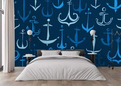 Anchors seamless pattern hand painted with ink brush Wall mural