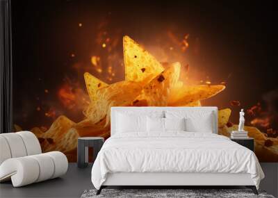 A pile of Doritos chips on fire. Hot spicy Mexican traditional snack concept Wall mural