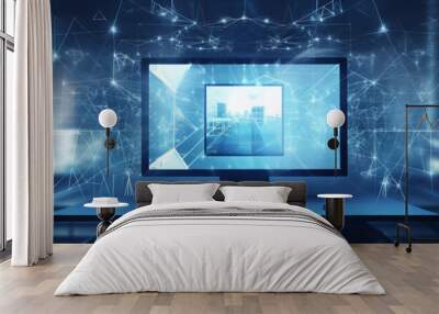 banner laptop computer with glowing blue digital line network structure. technology and network conc Wall mural