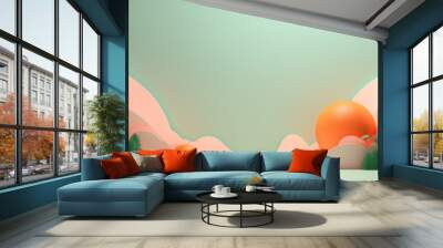 minimalist landscape image with mountains, trees, clouds and orange ball with copy space in green mi Wall mural