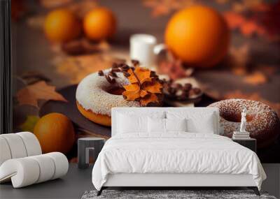 Orange autumn background with hot chocolate or coffee and sweets, like cake; cookies and donut. 3d illustration Wall mural